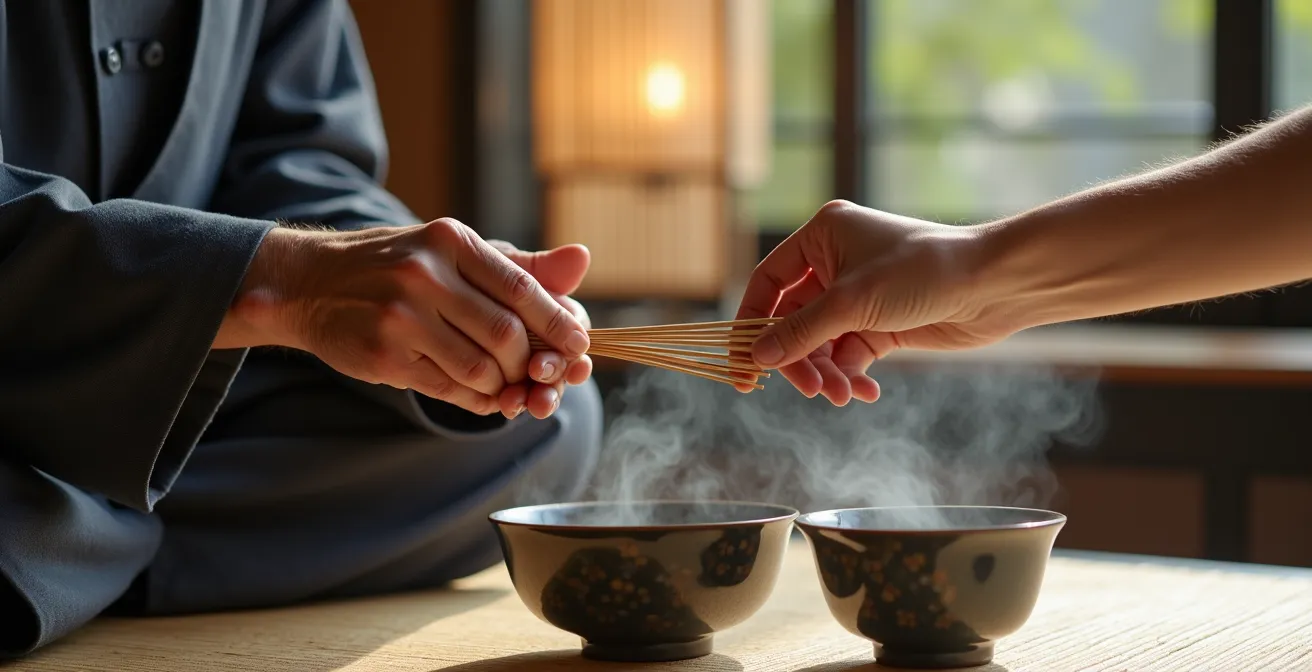 Maître de thé japonais enseignant les gestes traditionnels à un visiteur occidental